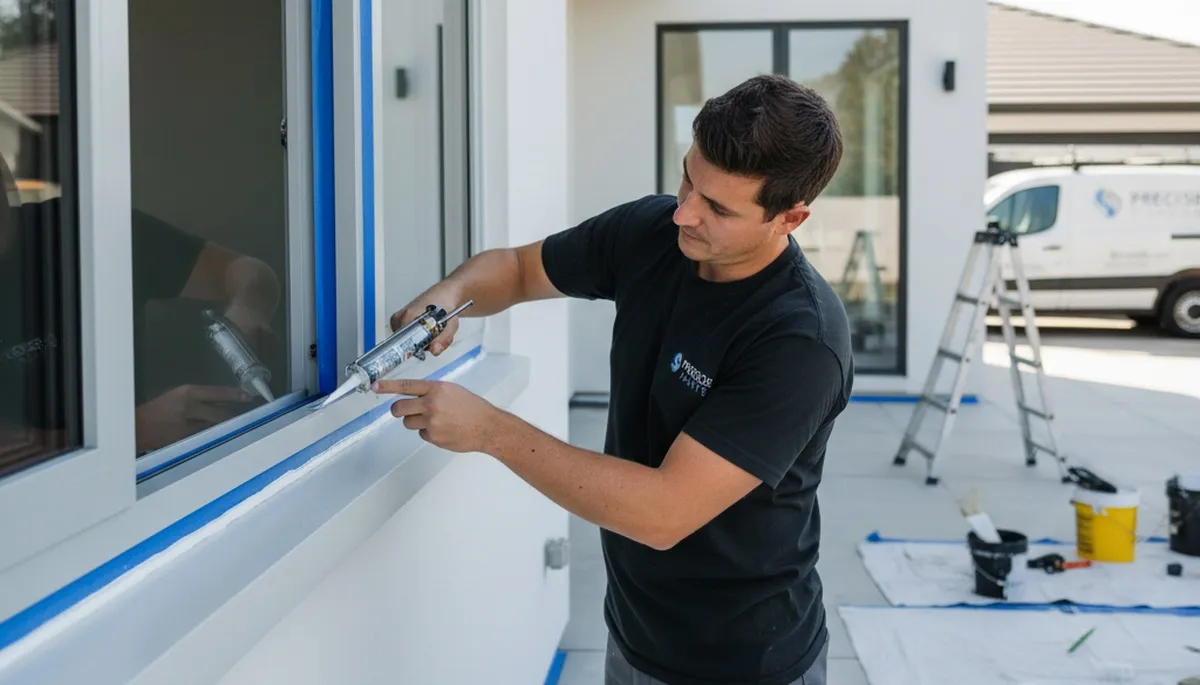 Painter applying exterior caulking for weather sealing on Arlington TX home exterior