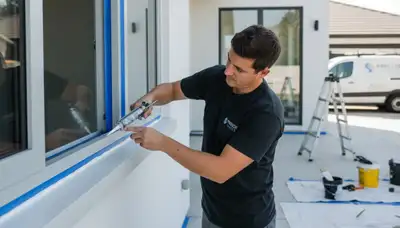 Painter applying exterior caulking for weather sealing on Arlington TX home exterior