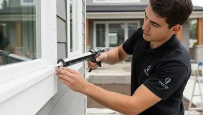 Painter applying exterior caulk and sealant on Arlington TX home for weather protection