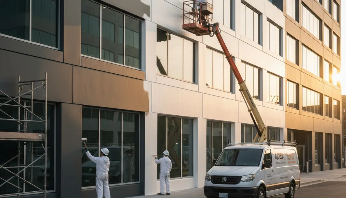 Professional commercial painters finishing office exterior in Arlington, TX with durable protective coating