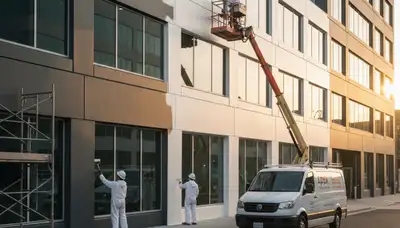 Professional commercial painters finishing office exterior in Arlington, TX with durable protective coating