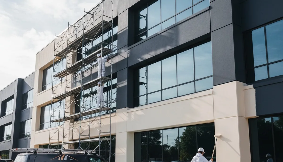 Professional commercial painters in Arlington TX applying durable exterior paint to business building