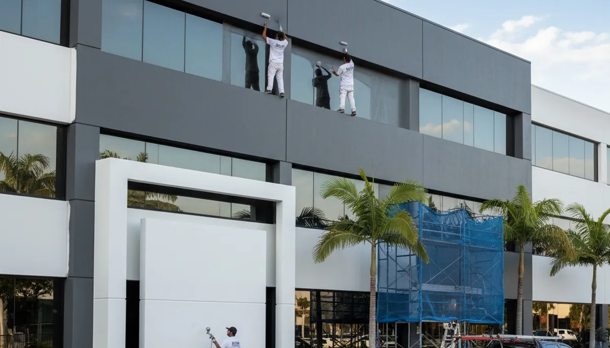 Professional commercial painting crew in Arlington TX applying durable exterior finish to business building