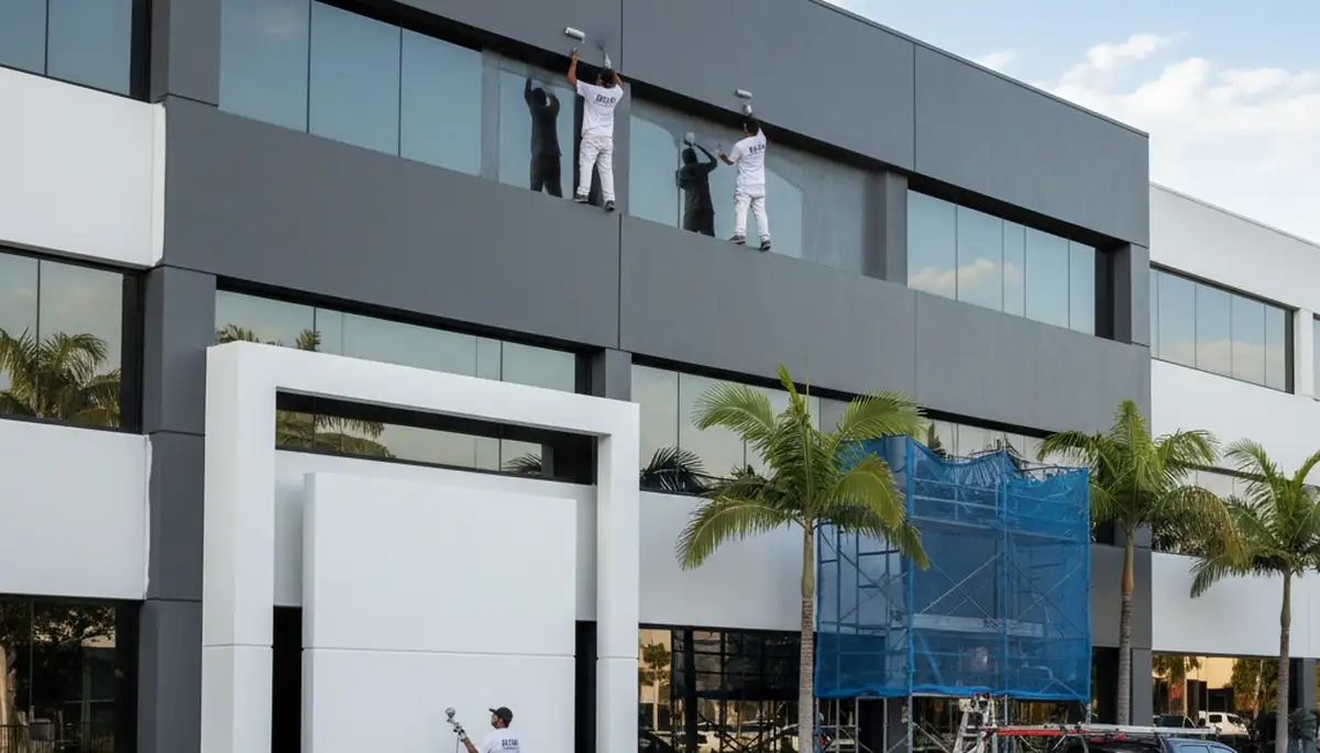 Professional commercial painting crew in Arlington TX applying durable exterior finish to business building