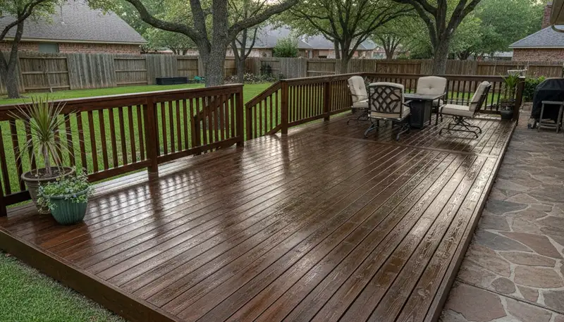 Finished deck staining in Arlington, TX showcasing rich wood color and weather-resistant professional finish