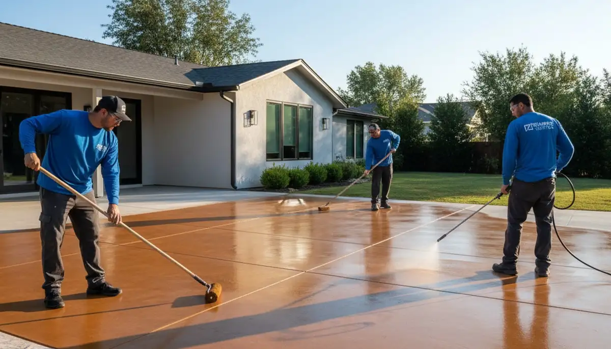 Professional concrete staining on patio surface in Arlington, TX by expert painting contractors