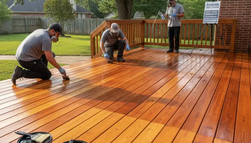 Professional deck staining in Arlington TX enhancing wood grain and weather protection for outdoor surfaces
