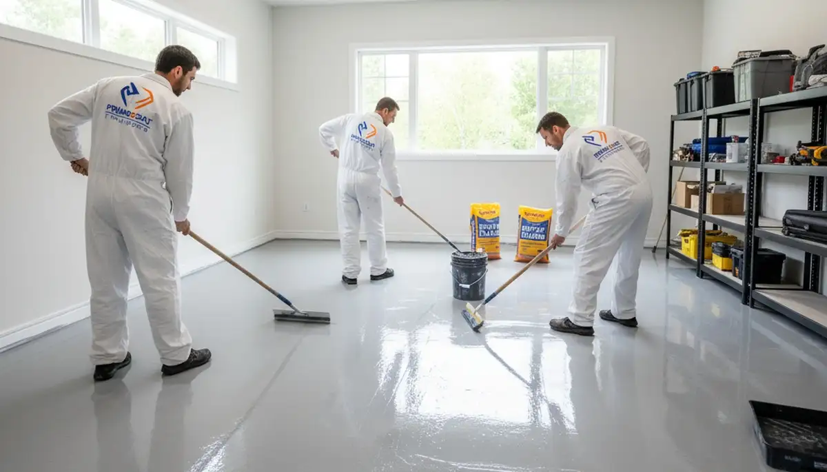 Epoxy garage floor coating in Arlington TX by professional house painters applying durable finish