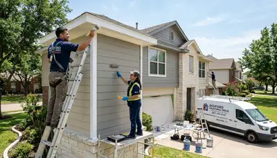 Professional house painters in Arlington TX applying exterior paint to a residential home façade