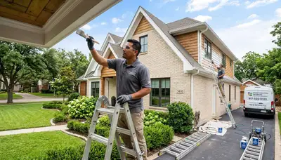 Professional house painters in Arlington TX applying exterior paint to residential home