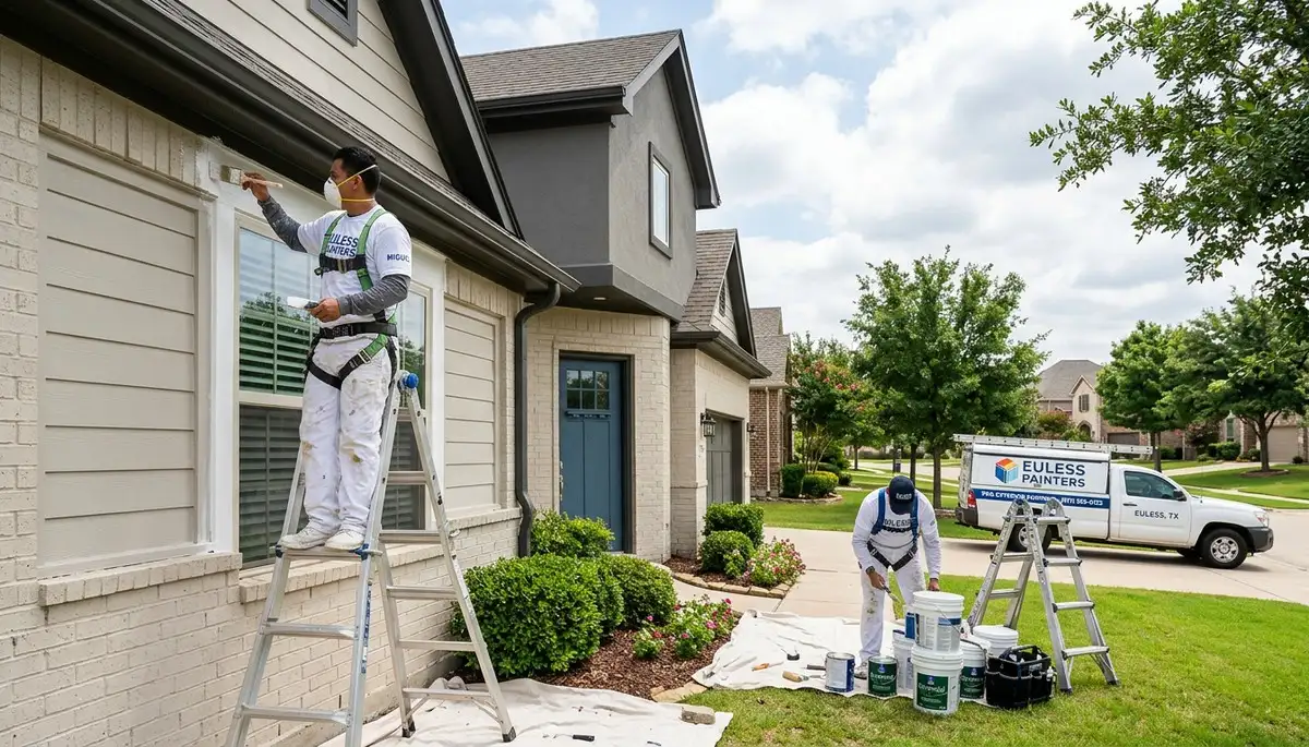 Professional house painters finishing exterior home in Arlington, TX
