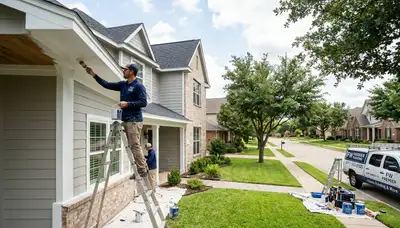 Professional house painters in Arlington TX applying exterior paint to a residential home