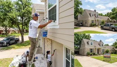 Professional house painters working on exterior home in Arlington, TX