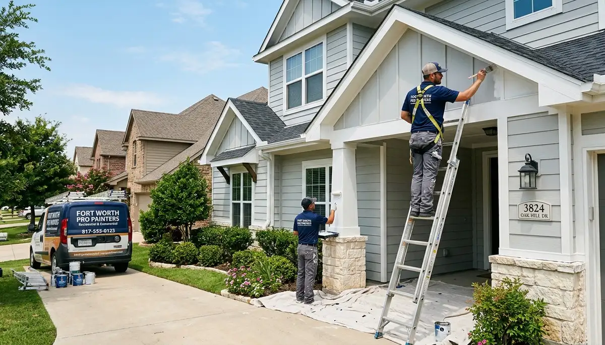 Professional house painters in Arlington TX applying fresh exterior paint to residential home