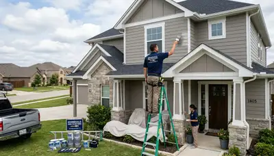 Professional house painters in Arlington TX applying exterior paint to a suburban home