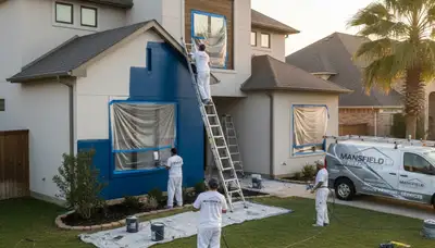 Professional house painters finishing exterior home in Arlington, TX