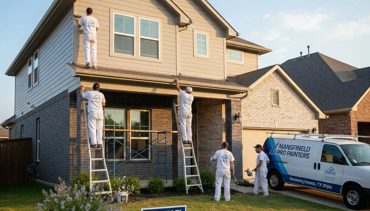 Professional house painters in Arlington TX applying fresh exterior paint to a residential home