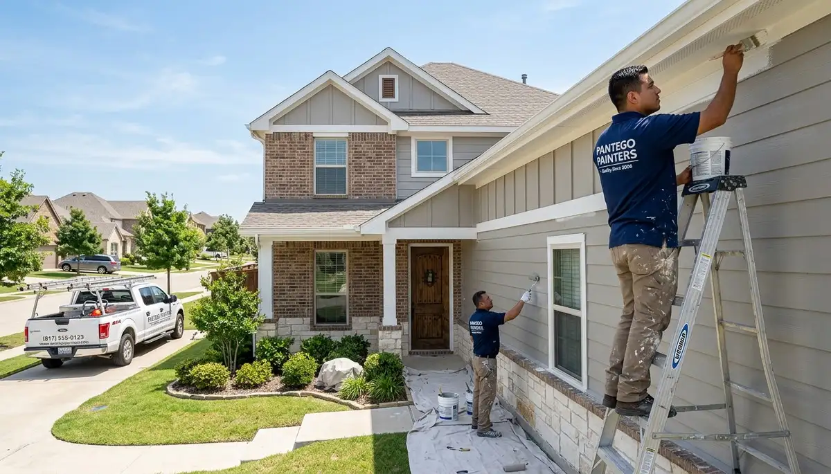 Professional house painters working on exterior home in Arlington, TX