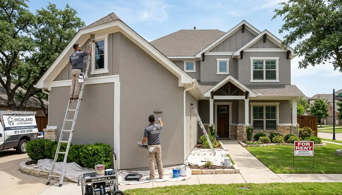 Professional house painters finishing exterior home in Arlington, TX