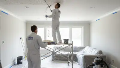 Professional popcorn ceiling removal in Arlington, TX with smooth modern ceiling finish