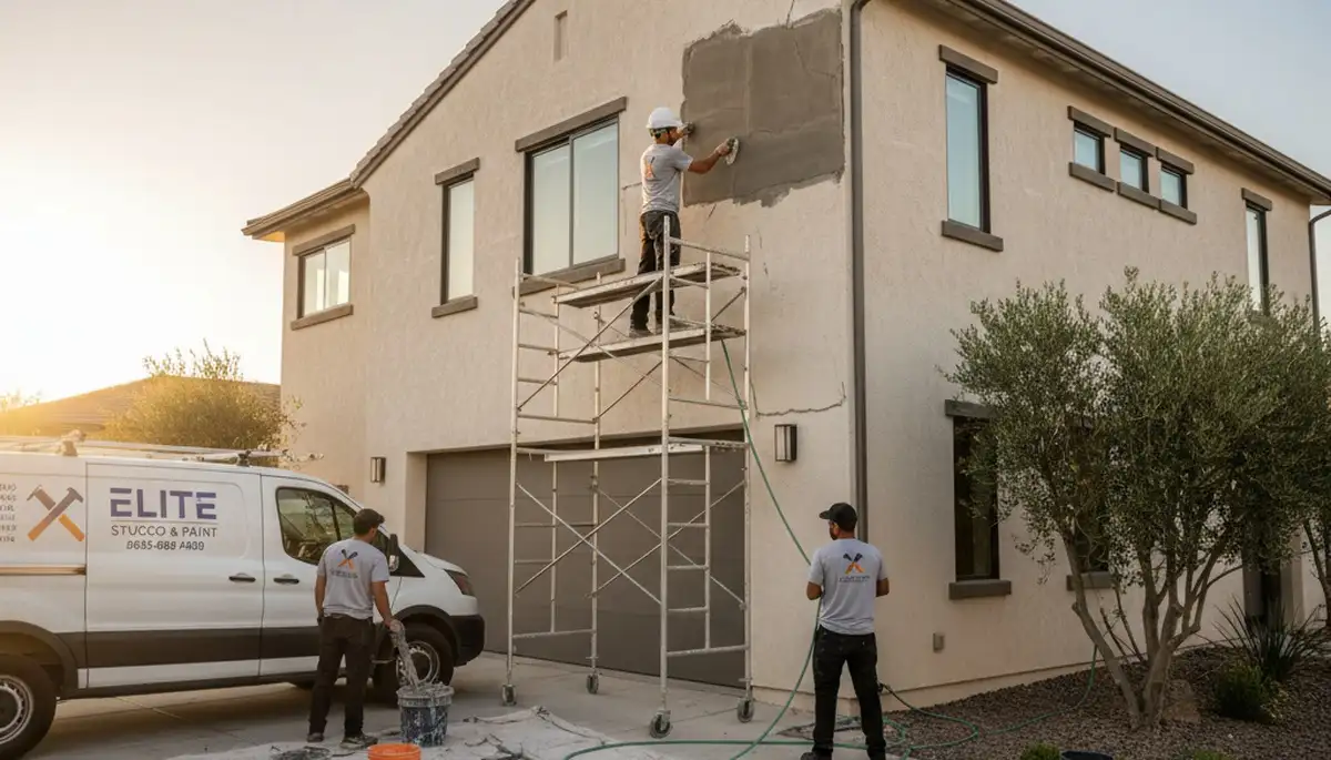 Professional stucco repair and painting on Arlington TX home exterior by local expert contractors